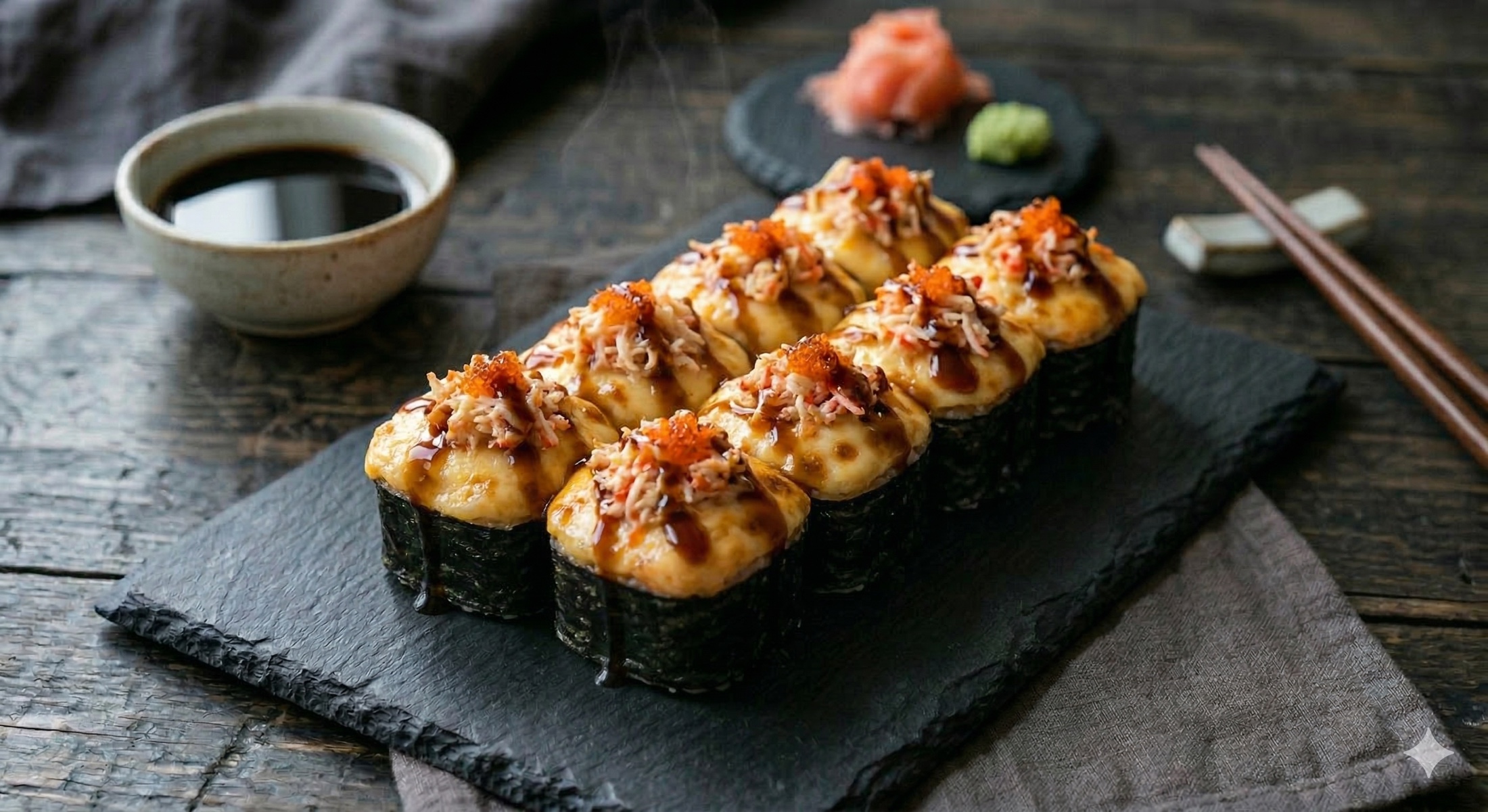 Фуд-фото: запеченный ролл «Вулкан»